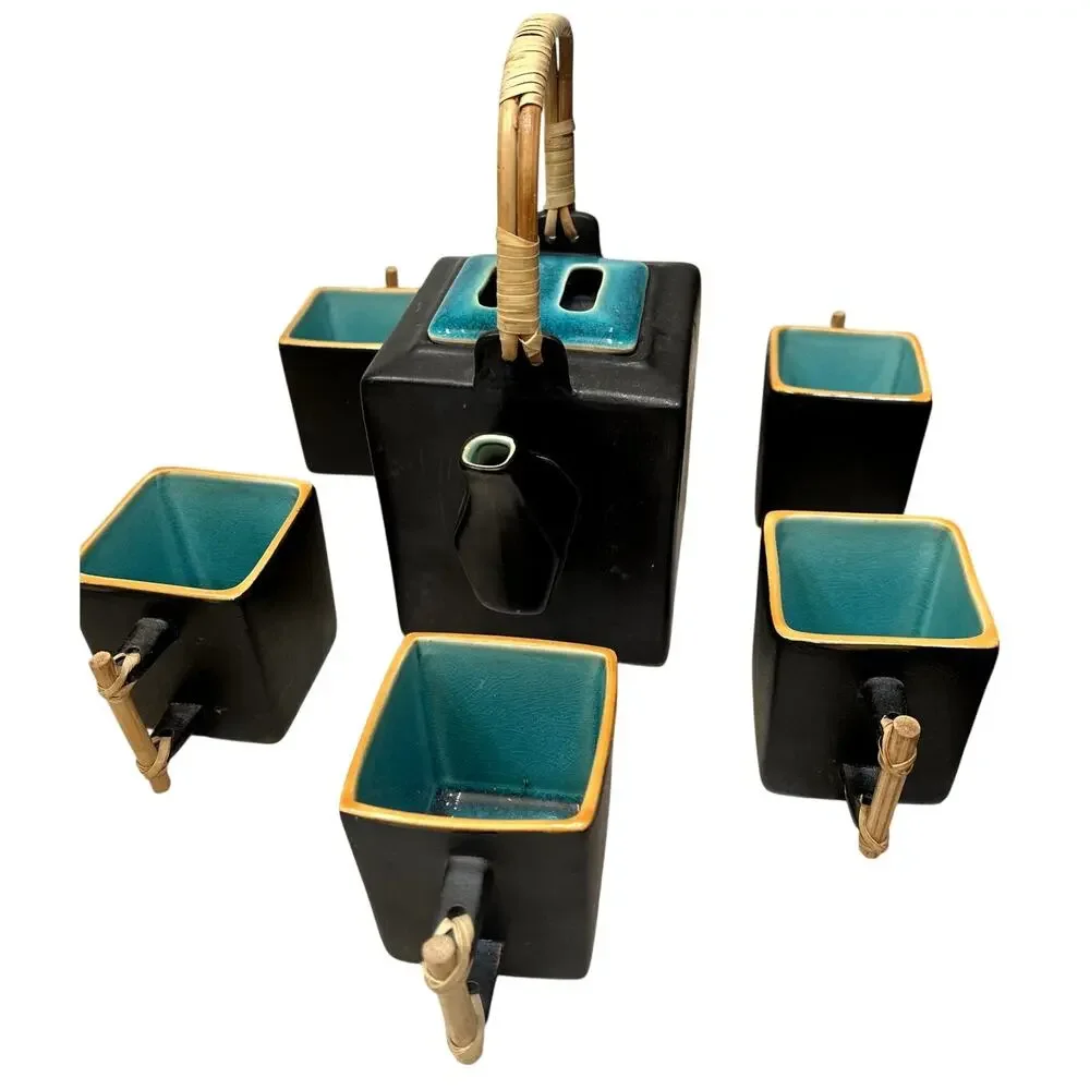 Japanese Tea Pot Ceramic Square Shape and 6 Cups Black Teal Modern